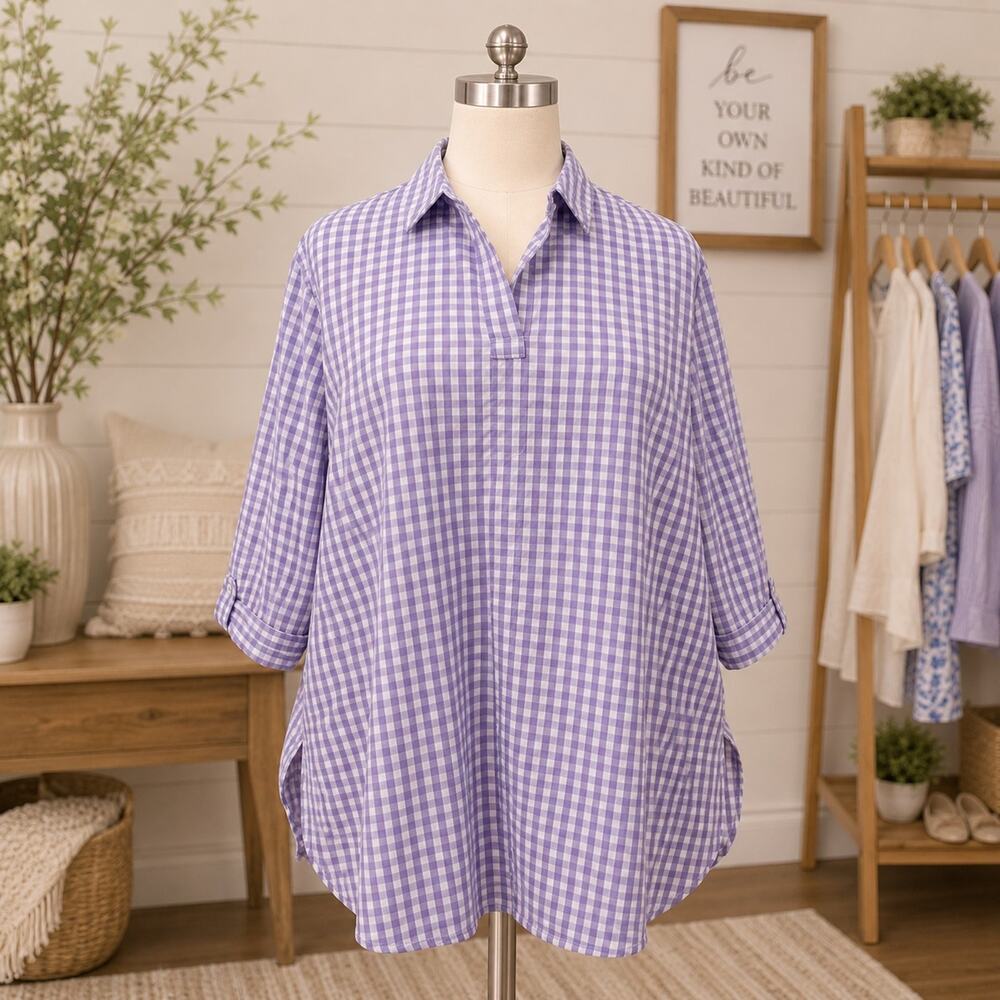 Woman Within Size 2X 26/28 Lavender Gingham Popover Shirt Seersucker Cotton